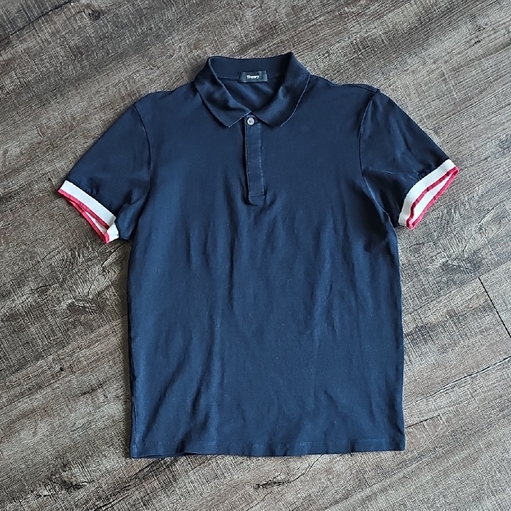 Navy Blue Polo Shirt with Red and White Accents